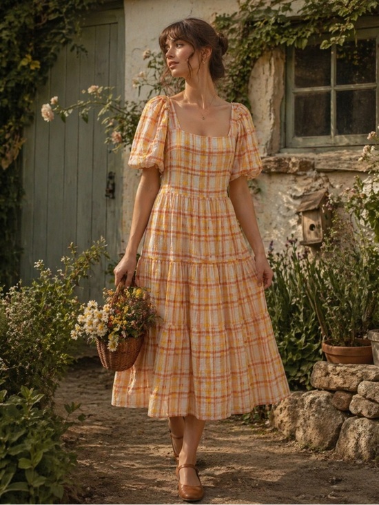 Astr Dresses & Skirts - ASTR The Label Ilana Plaid Puff Sleeve Midi Dress